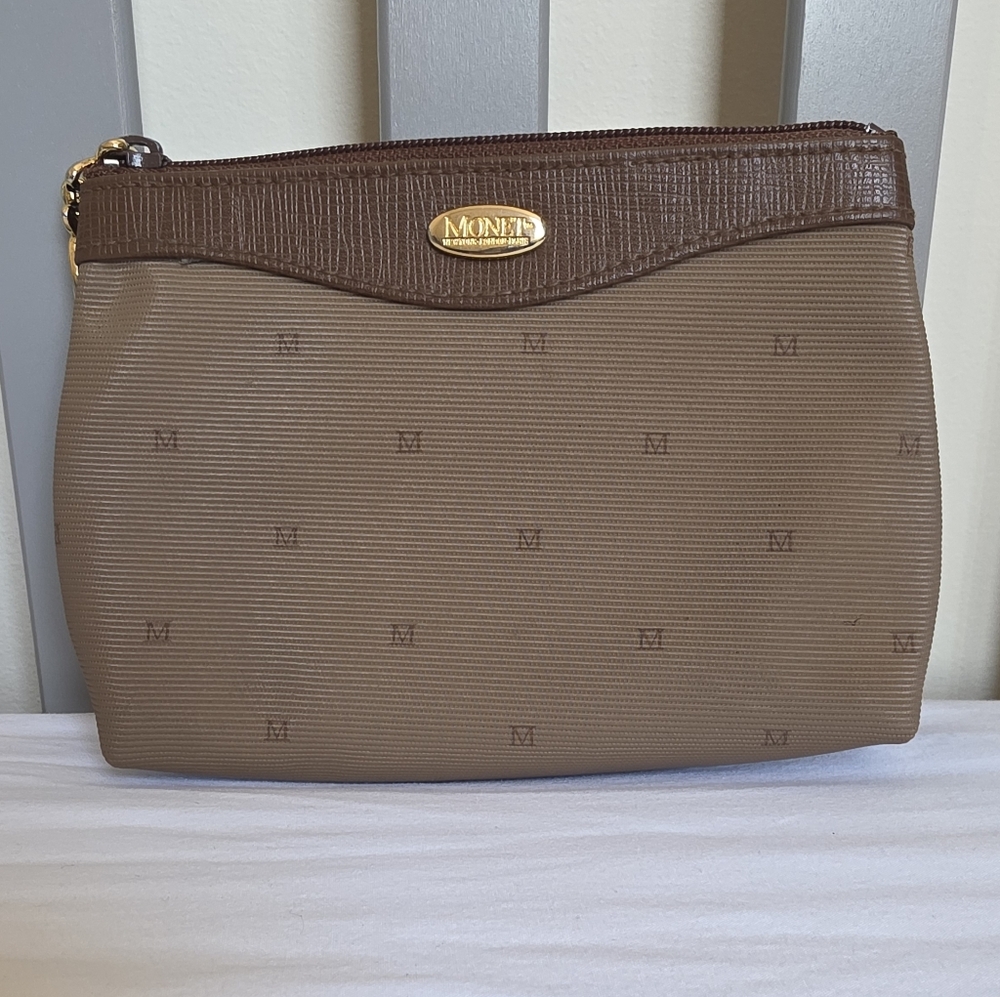 Monet Tan and Brown Vintage Style Textured Zip Up Make Up Pouch Travel Bag